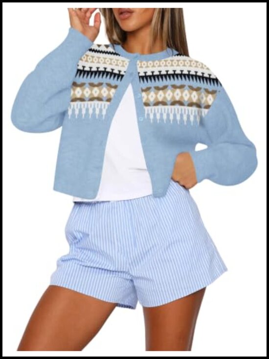 Sweaters - Cropped Cardigan Sweater Crew Neck Long Sleeve Button Up Ribbed Knit